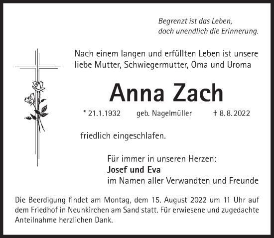 Traueranzeige von Anna Zach von Pegnitz-Zeitung