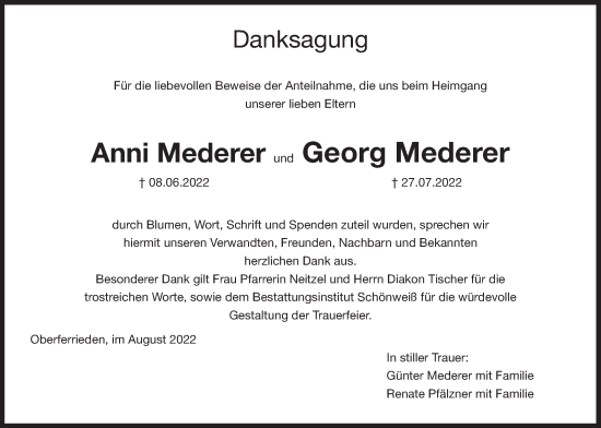 Traueranzeige von Anni und Georg Mederer von Der Bote