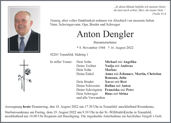 Traueranzeige von Anton Dengler von Hersbrucker Zeitung Lokal