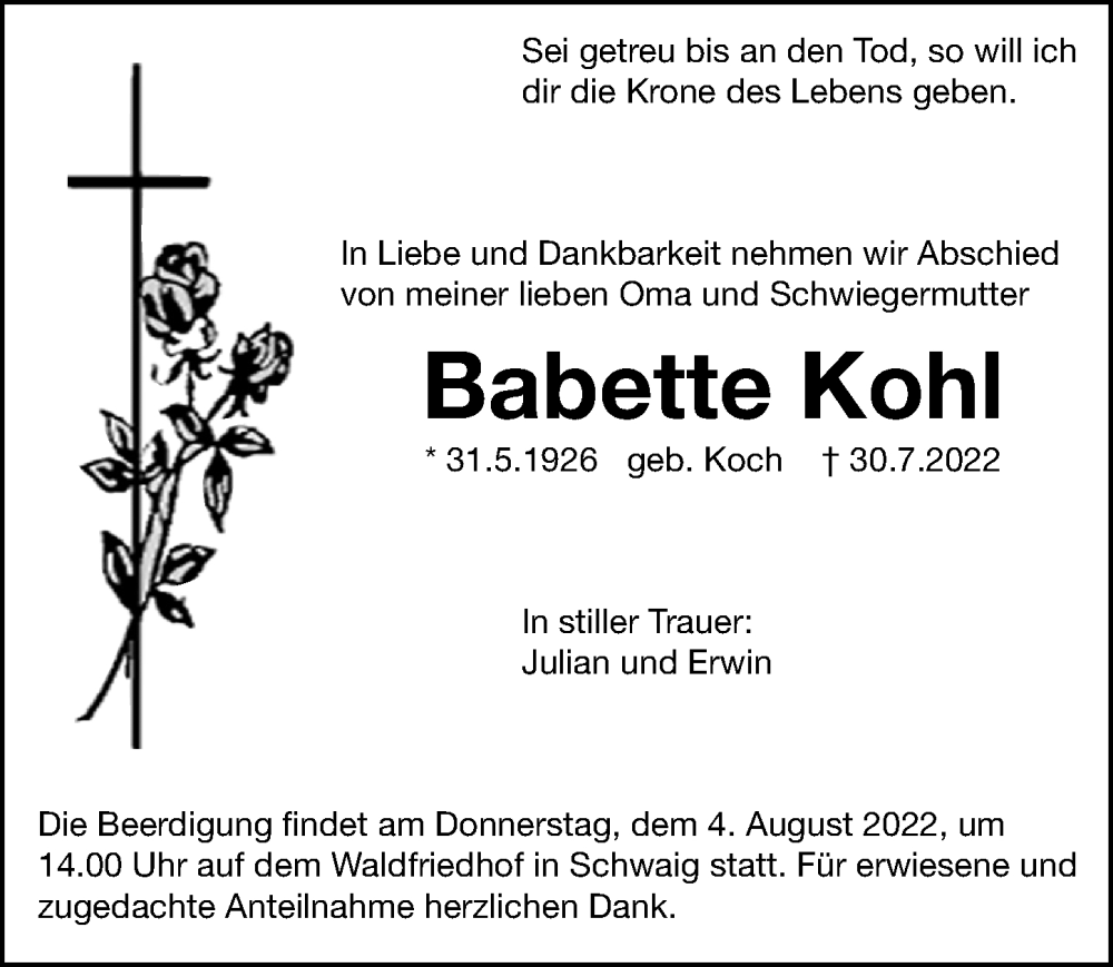  Traueranzeige für Babette Kohl vom 03.08.2022 aus Hersbrucker Zeitung Lokal