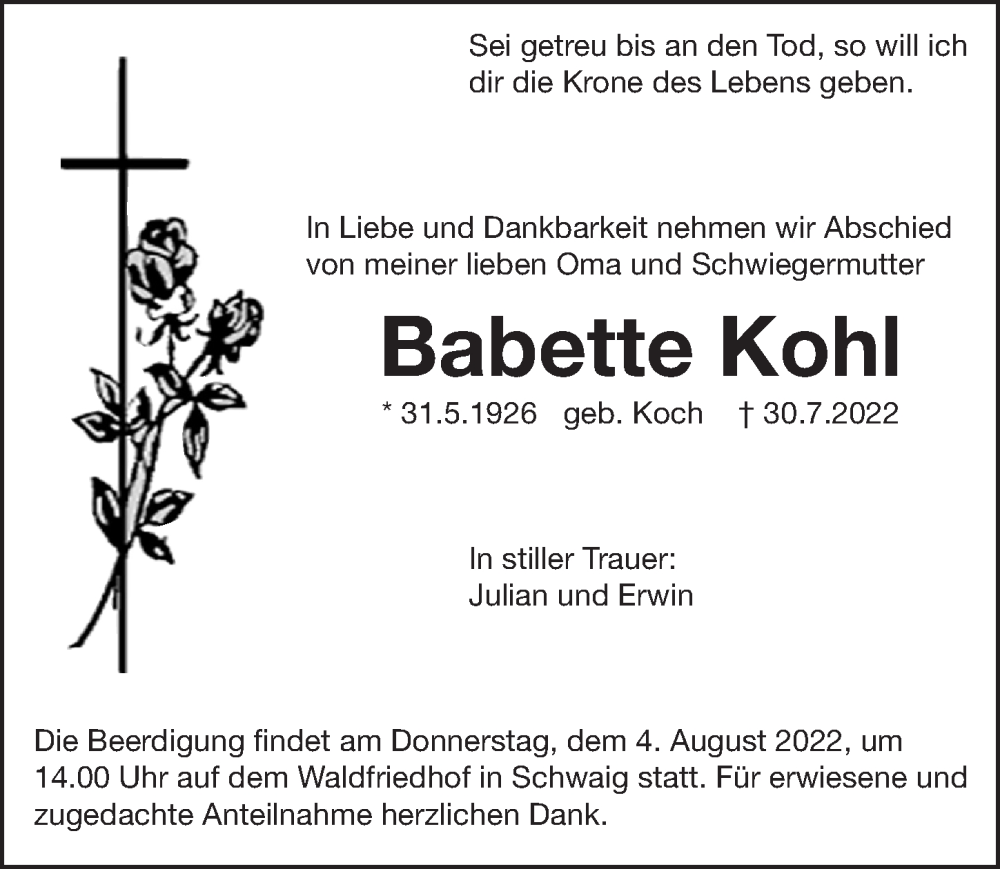  Traueranzeige für Babette Kohl vom 03.08.2022 aus Pegnitz-Zeitung