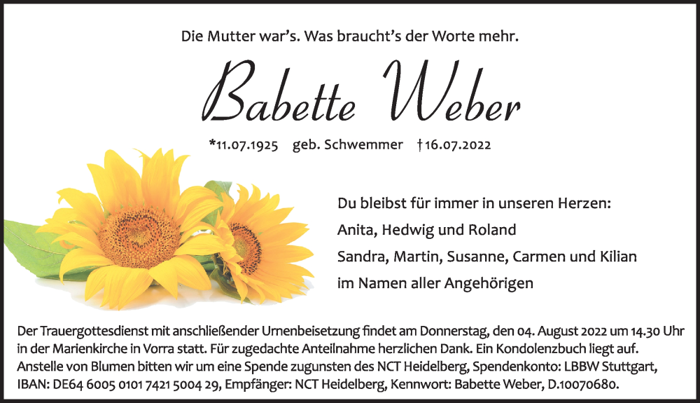  Traueranzeige für Babette Weber vom 30.07.2022 aus Hersbrucker Zeitung Lokal