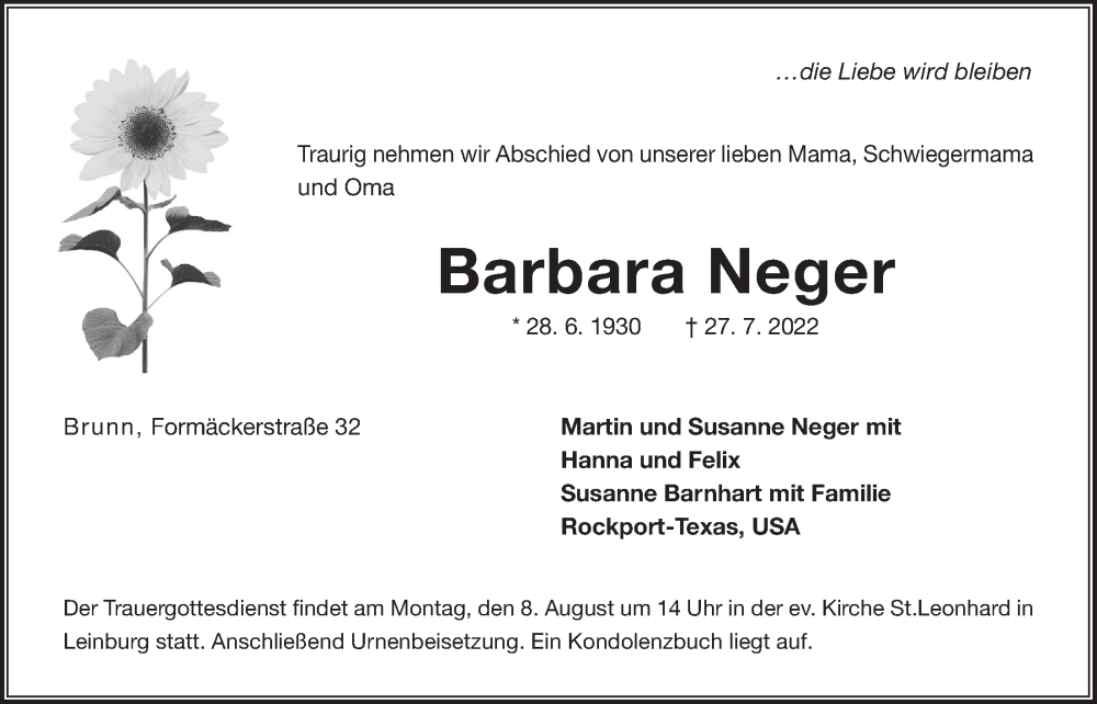  Traueranzeige für Barbara Neger vom 03.08.2022 aus Der Bote