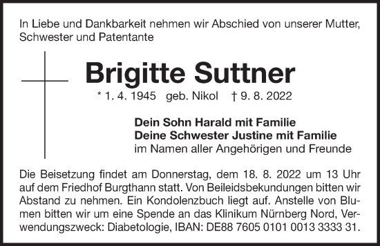 Traueranzeige von Brigitte Suttner von Der Bote