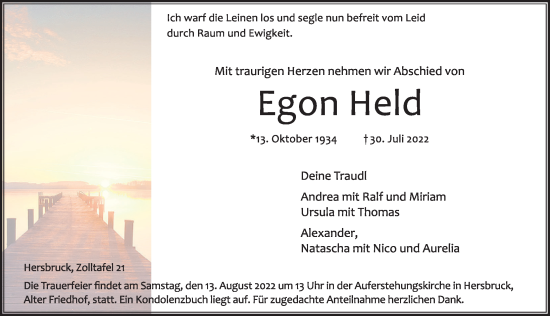 Traueranzeige von Egon Held von Hersbrucker Zeitung Lokal