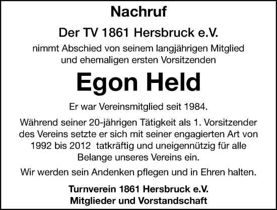 Traueranzeige von Egon Held von Hersbrucker Zeitung Lokal