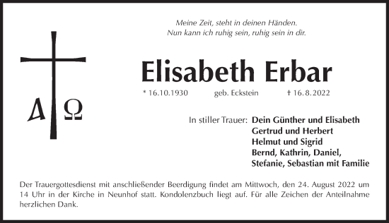 Traueranzeige von Elisabeth Erbar von Pegnitz-Zeitung