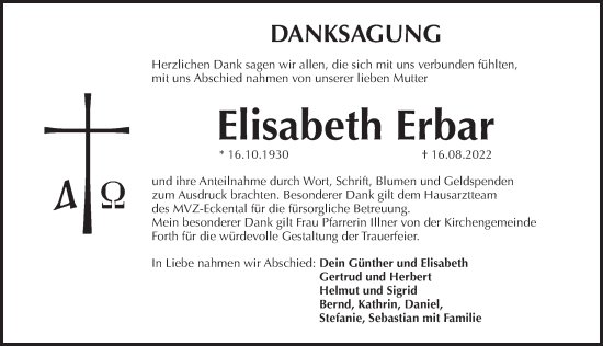 Traueranzeige von Elisabeth Erbar von Pegnitz-Zeitung