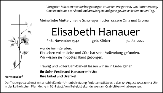 Traueranzeige von Elisabeth Hanauer von Pegnitz-Zeitung