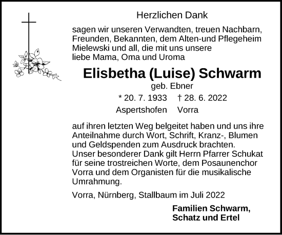 Traueranzeige von Elisbetha Schwarm von Hersbrucker Zeitung Lokal