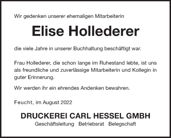 Traueranzeige von Elise Hollederer von Der Bote