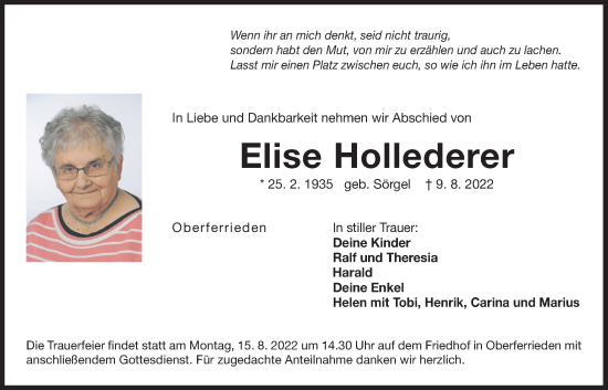 Traueranzeige von Elise Hollederer von Der Bote