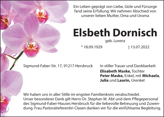 Traueranzeige von Elsbeth Dornisch von Hersbrucker Zeitung Lokal