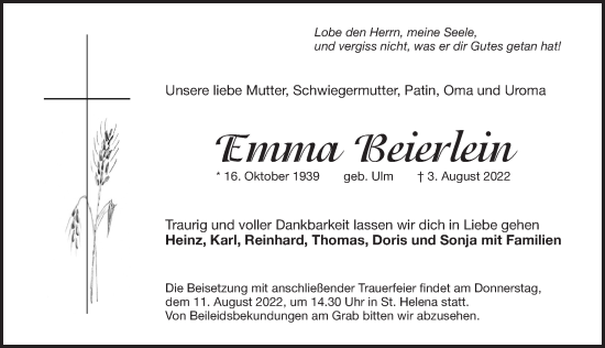 Traueranzeige von Emma Beierlein von Pegnitz-Zeitung