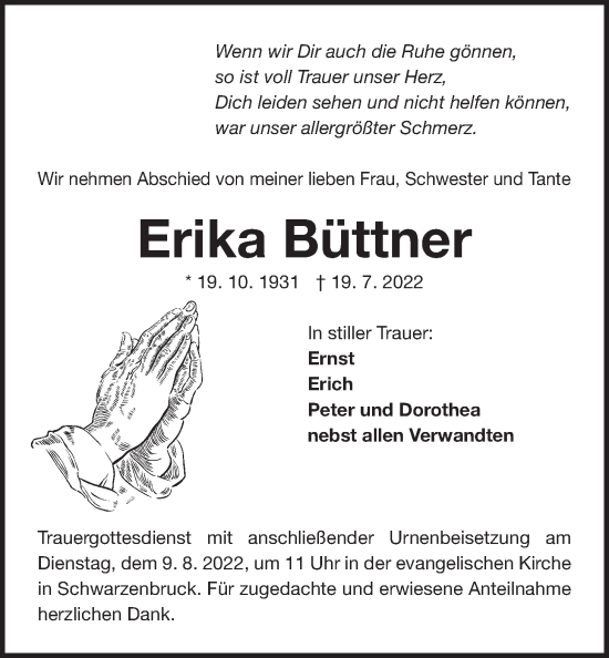 Traueranzeige von Erika Büttner von Der Bote