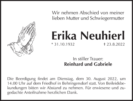 Traueranzeige von Erika Neuhierl von Pegnitz-Zeitung