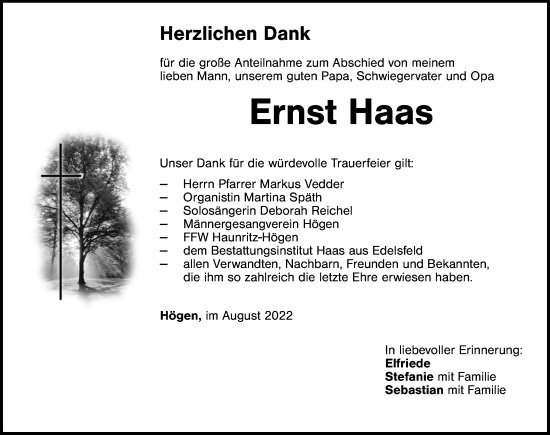 Traueranzeige von Ernst Haas von Hersbrucker Zeitung Lokal