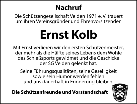 Traueranzeige von Ernst Kolb von Hersbrucker Zeitung Lokal