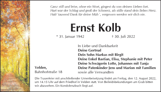 Traueranzeige von Ernst Kolb von Hersbrucker Zeitung Lokal