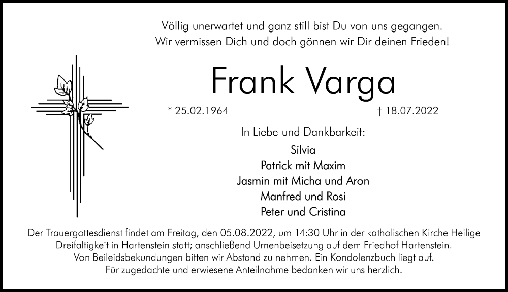  Traueranzeige für Frank Varga vom 30.07.2022 aus Hersbrucker Zeitung Lokal