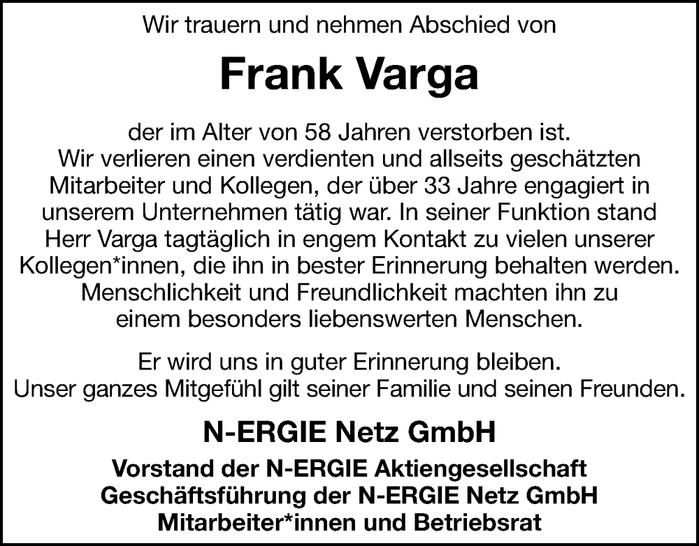  Traueranzeige für Frank Varga vom 30.07.2022 aus Hersbrucker Zeitung Lokal