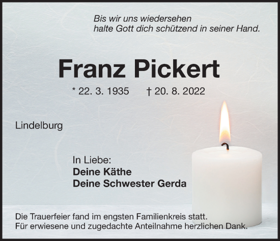 Traueranzeige von Franz Pickert von Der Bote