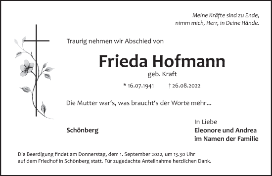 Traueranzeige von Frieda Hofmann von Pegnitz-Zeitung
