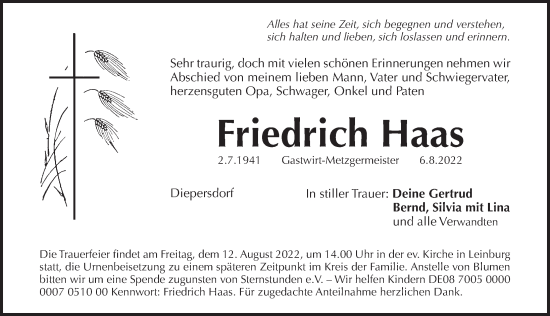 Traueranzeige von Friedrich Haas von Pegnitz-Zeitung