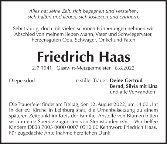 Traueranzeige von Friedrich Haas von Der Bote