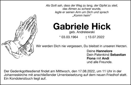 Traueranzeige von Gabriele Hick von Hersbrucker Zeitung Lokal
