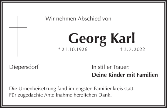 Traueranzeige von Georg Karl von Pegnitz-Zeitung