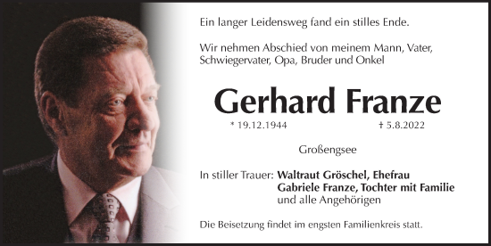 Traueranzeige von Gerhard Franze von Pegnitz-Zeitung