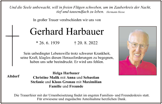 Traueranzeige von Gerhard Harbauer von Der Bote