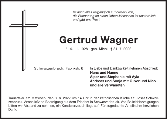 Traueranzeige von Gertrud Wagner von Der Bote