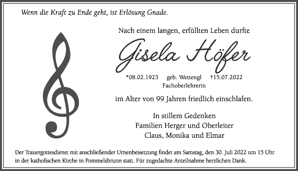 Traueranzeige für Gisela Höfer vom 27.07.2022 aus Hersbrucker Zeitung Lokal