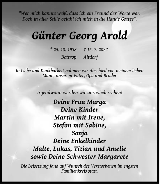Traueranzeige von Günter Georg Arold von Der Bote