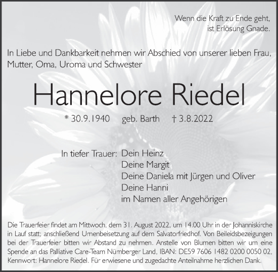 Traueranzeige von Hannelore Riedel von Pegnitz-Zeitung