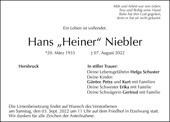 Traueranzeige von Hans Niebler von Hersbrucker Zeitung Lokal