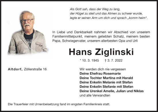 Traueranzeige von Hans Ziglinski von Der Bote