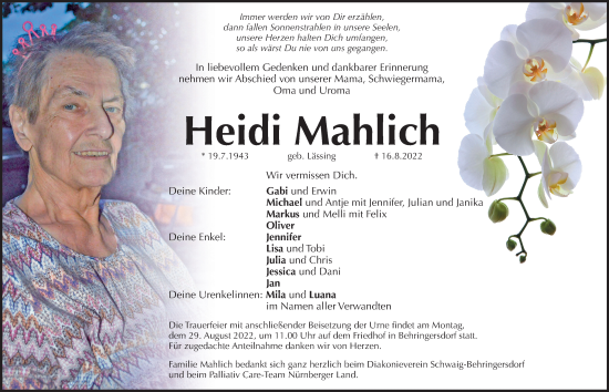 Traueranzeige von Heidi Mahlich von Pegnitz-Zeitung