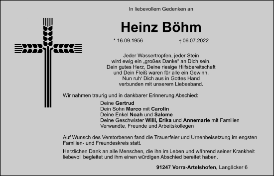 Traueranzeige von Heinz Böhm von Hersbrucker Zeitung Lokal