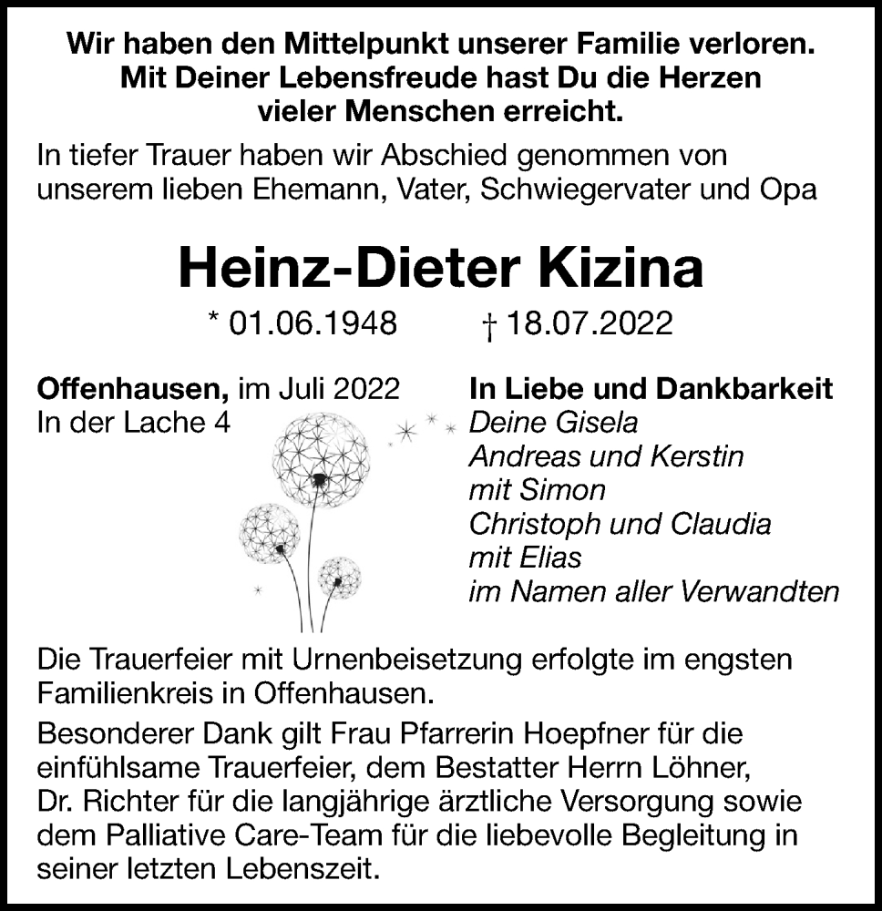  Traueranzeige für Heinz-Dieter Kizina vom 30.07.2022 aus Hersbrucker Zeitung Lokal
