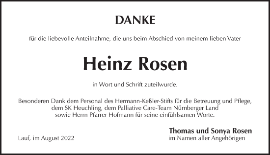 Traueranzeige von Heinz Rosen von Pegnitz-Zeitung