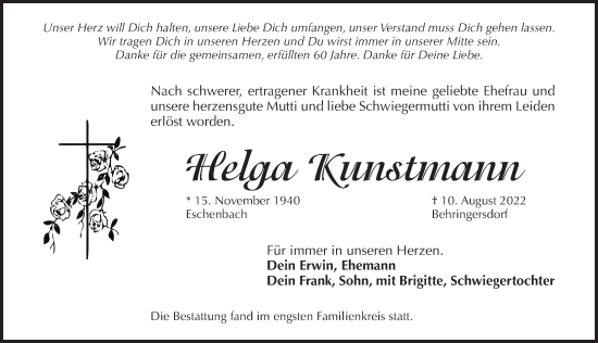 Traueranzeige von Helga Kunstmann  von Pegnitz-Zeitung