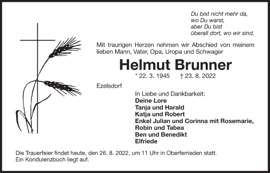 Traueranzeige von Helmut Brunner von Der Bote