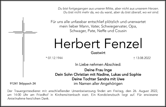 Traueranzeige von Herbert Fenzel von Hersbrucker Zeitung Lokal