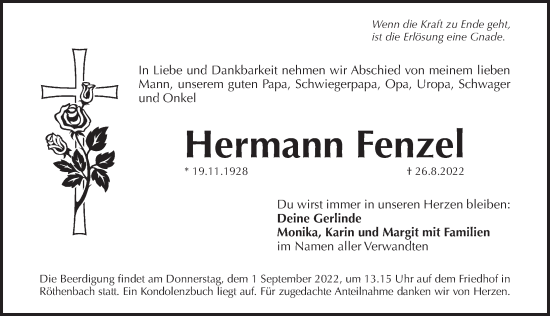 Traueranzeige von Hermann Fenzel von Pegnitz-Zeitung