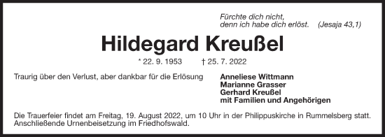 Traueranzeige von Hildegard Kreußel von Der Bote