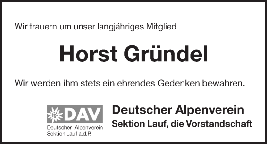 Traueranzeige von Horst Gründel von Pegnitz-Zeitung