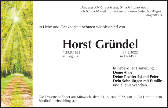 Traueranzeige von Horst Gründel von Pegnitz-Zeitung